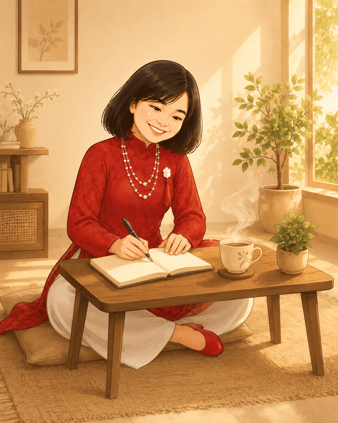 Cô Cúc đang viết thư